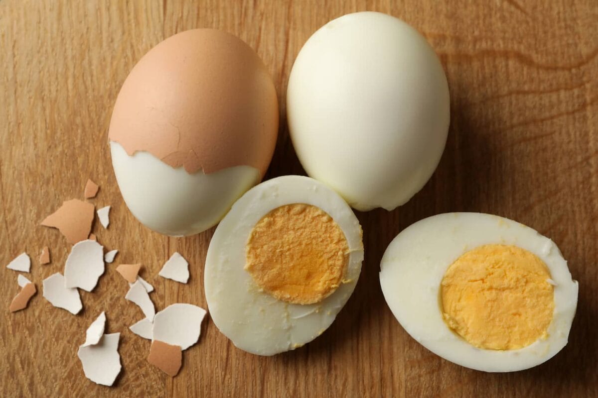 An image of a Board with hard-boiled eggs.