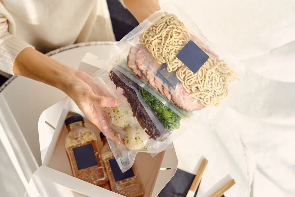 An image of an anonymous person showing packed foods in vacuum-sealed bags.